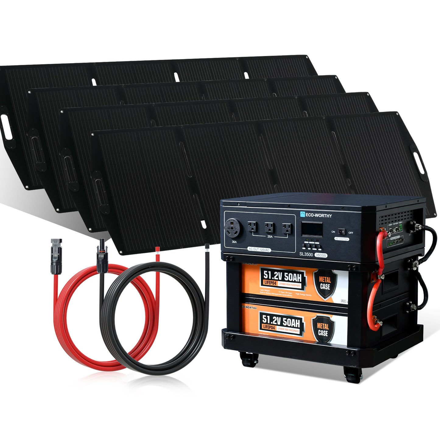 ECO-WORTHY SL3500 Stackable Power Station with 4×200W Portable Solar Panels, 120V 3500W AC Output | 5120 Wh Capacity | Camping Kit | Emergency Backup | Home Blackout | RV | Portable & Expandable Power & Capacity