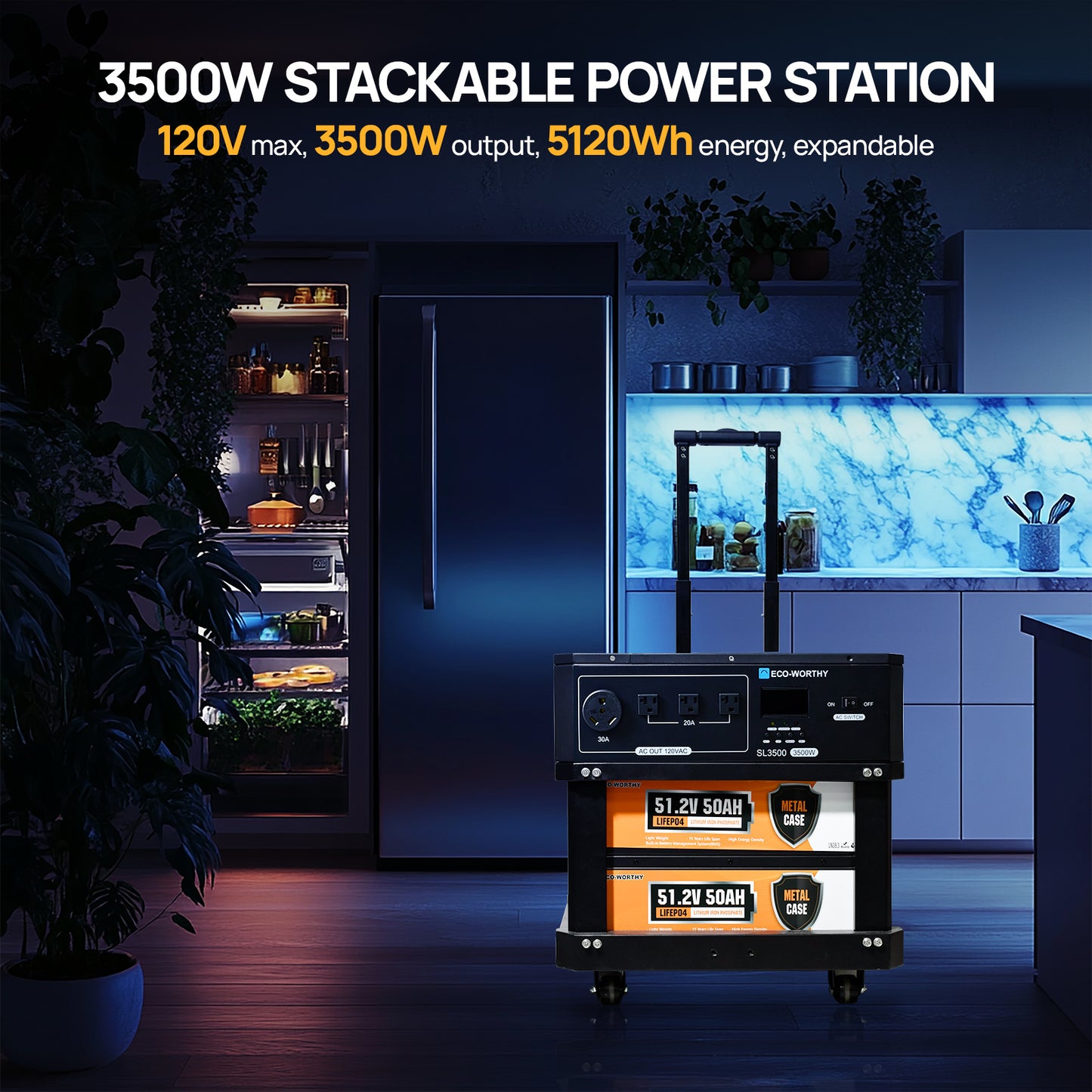 Eco-worthy SL3500 stackable power station | 120Vmax,3500W output, 5120Wh energy.expandable