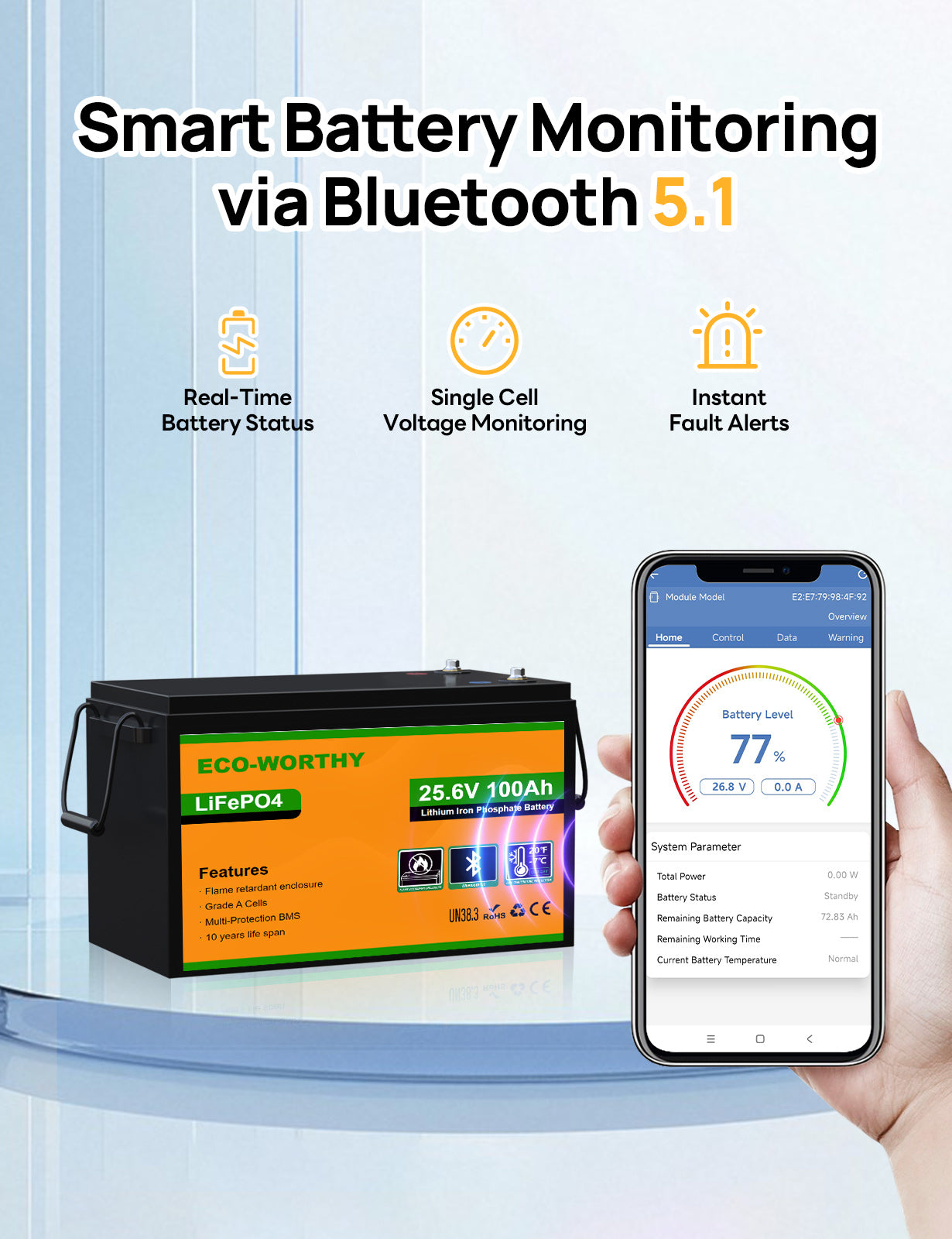 ECO-WORTHY 24V 100Ah LiFePO4 Lithium Battery, Upgraded Bluetooth Version, Deep Cycle Rechargeable Battery with Low-Temp Protection