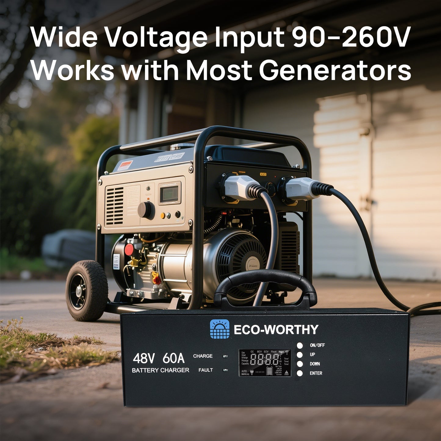 ECO-WORTHY 48V 60A Charger: 3.5KW Max Power, 0-60A & 32-64V Adjustable, Lithium Battery Compatible, 90-260V AC Input, 120V/240VAC Generator Ready