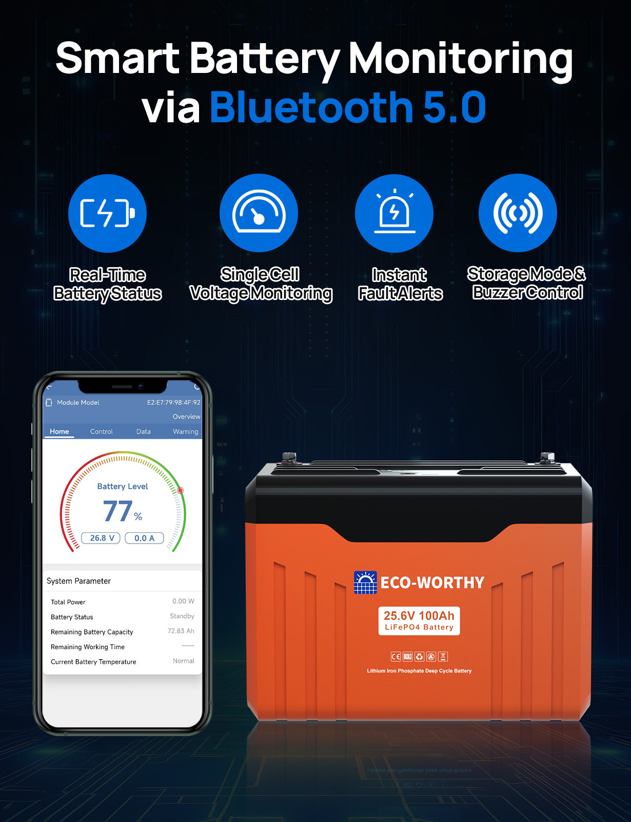 ECO-WORTHY 24V 100AH Bluetooth Lithium Battery with SOC LED Display, Built-in BMS with Low Temperature Protection