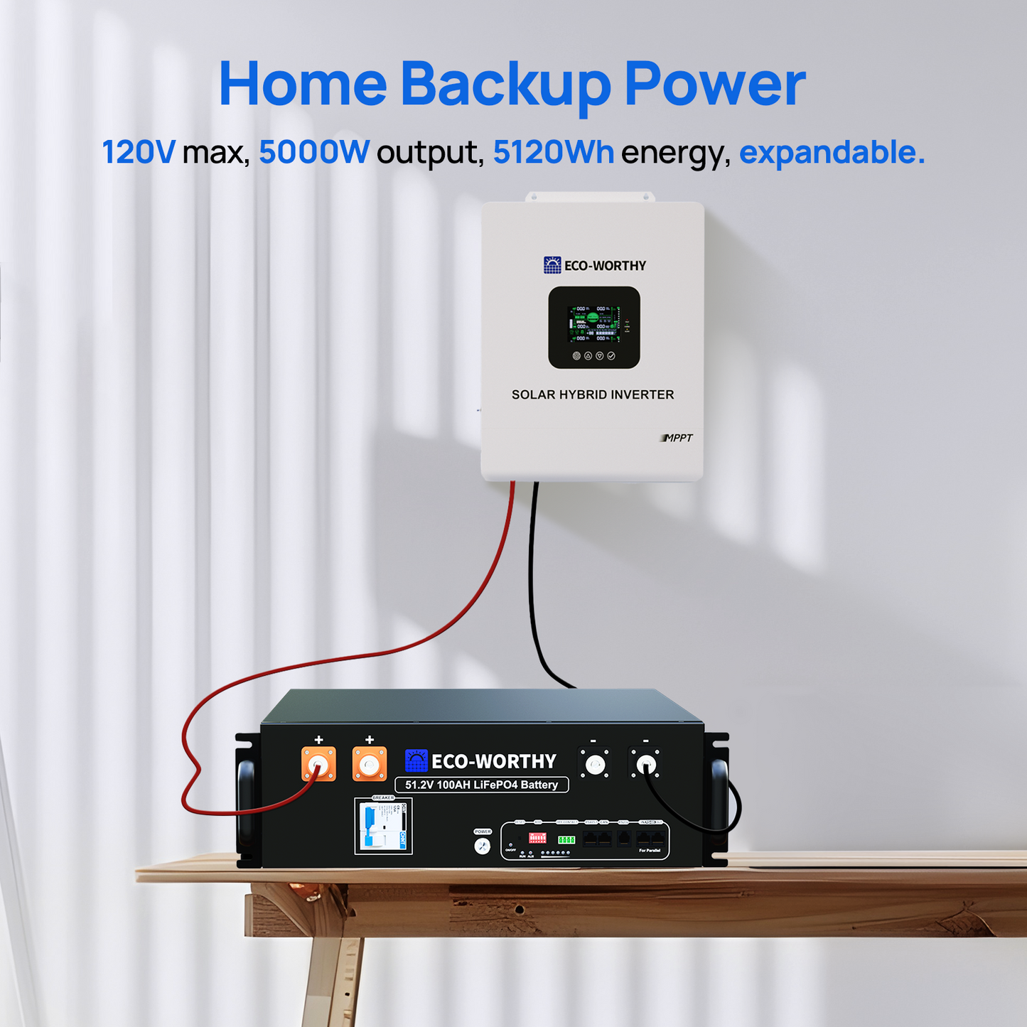 ECO-WORTHY 5.12KWh/10.24KWh Home Backup Power With 48V 100Ah LiFePO4 And 5000W 48V Hybrid Inverter