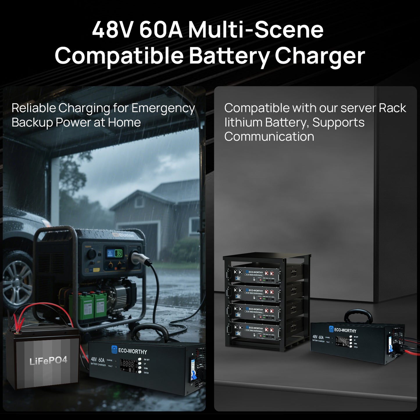 ECO-WORTHY 48V 60A Charger: 3.5KW Max Power, 0-60A & 32-64V Adjustable, Lithium Battery Compatible, 90-260V AC Input, 120V/240VAC Generator Ready