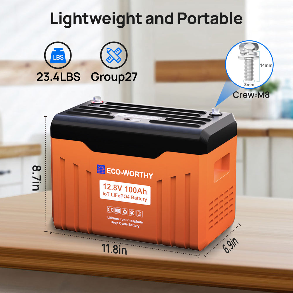 ECO-WORTHY 12V 100AH LiFePO4 Lithium Battery with Battery Status Display, 100A BMS with Low-Temp Protection