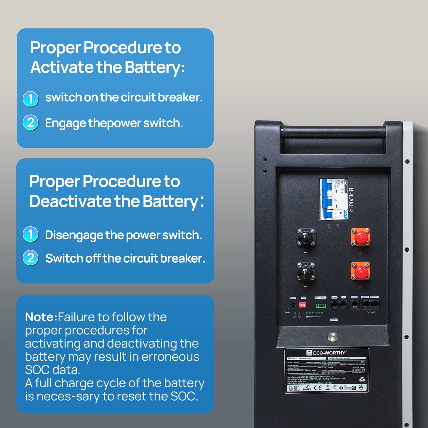 51.2V 280Ah LiFePO4 Floor Standing Battery with 250A circuit breaker for Off-grid Home Energy Storage