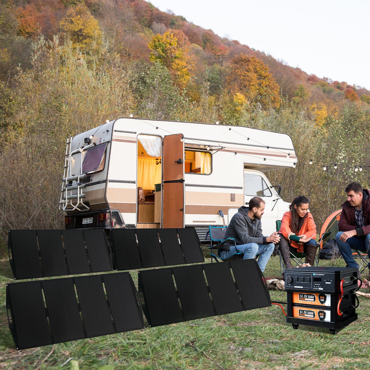 ECO-WORTHY SL3500 Stackable Power Station with 4×200W Portable Solar Panels, 120V 3500W AC Output | 5120 Wh Capacity | Camping Kit | Emergency Backup | Home Blackout | RV | Portable & Expandable Power & Capacity