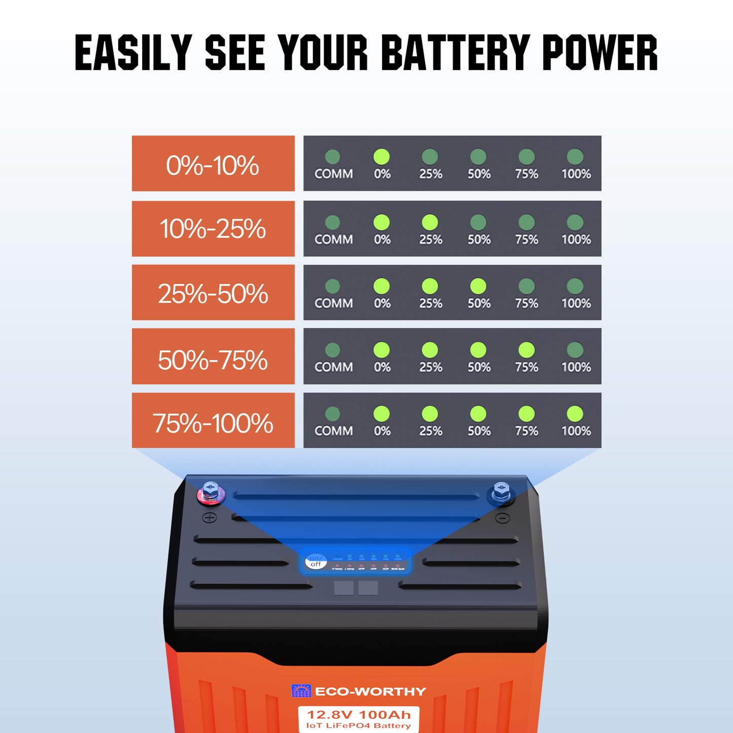 ECO-WORTHY 12V 100AH LiFePO4 Lithium Battery with Battery Status Display, 100A BMS with Low-Temp Protection