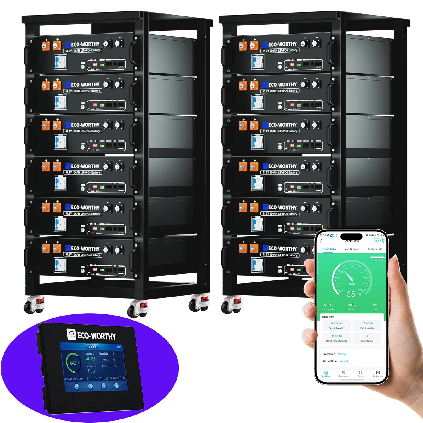ECO-WORTHY 48V(51.2V) 100Ah Server Rack Battery With Bluetooth & Wifi | 5.12kWh Lithium Battery(Version 3)