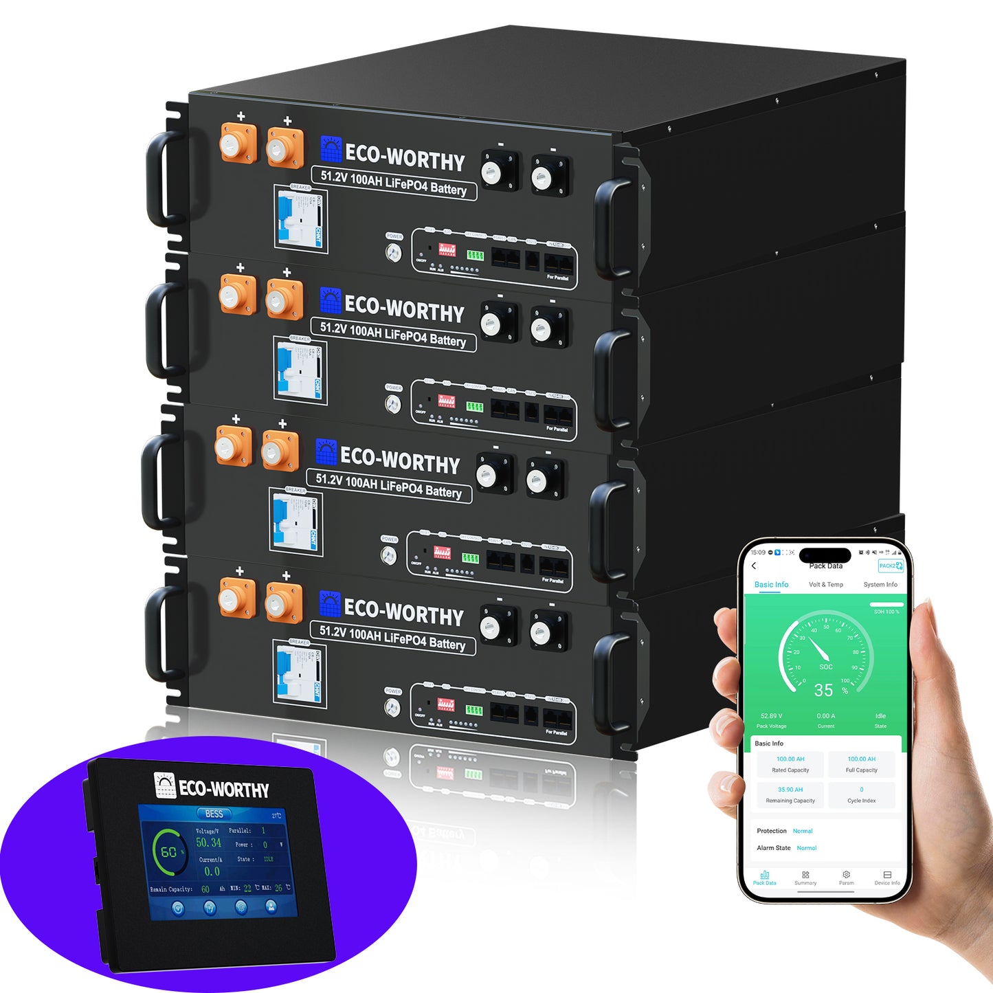 ECO-WORTHY 48V(51.2V) 100Ah Server Rack Battery With Bluetooth & Wifi | 5.12kWh Lithium Battery(Version 3)
