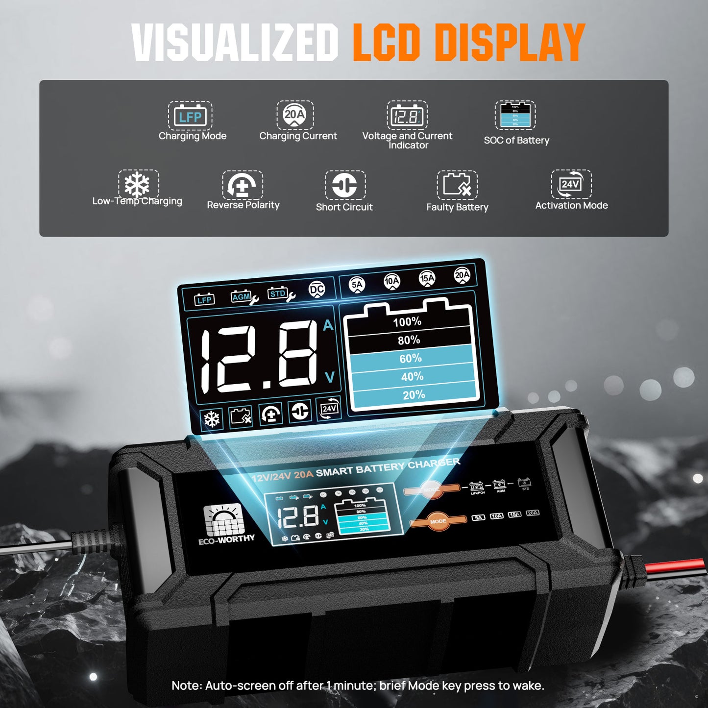 20A 12V/24V Smart Battery Charger with LCD Display for Most Batteries