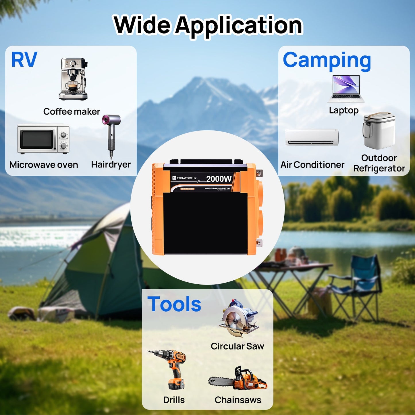 ECO - WORTHY 2000W Pure Sine Wave Inverter 12V to 120V AC with USB & Remote - INVERTER - ECO - WORTHY
