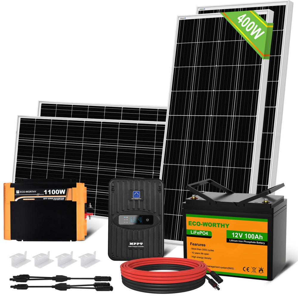 400W 12V (4x100W) Complete MPPT Off Grid Solar Kit, 2kW Inverter & 2.4KWH Lithium Battery