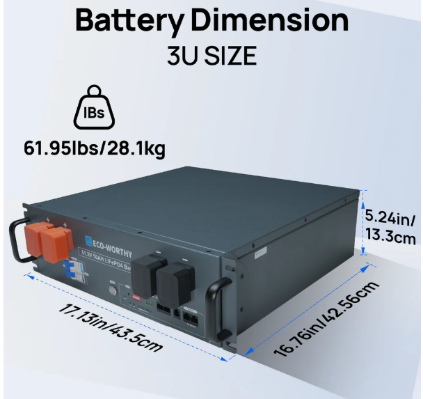 ECO-WORTHY 48V(51.2V) 50Ah Server Rack Battery,2.56kWh Lithium Battery,3U Size,With Bluetooth & Wifi