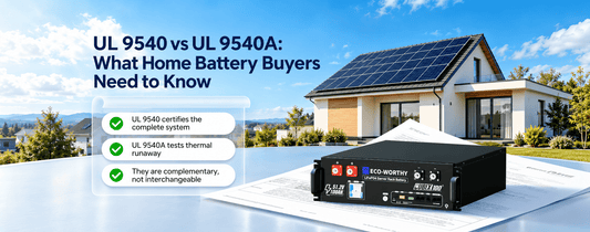 UL 9540 vs UL 9540A comparison showing a LiFePO4 home battery system, safety certification documents, and key differences between complete system certification and thermal runaway testing.