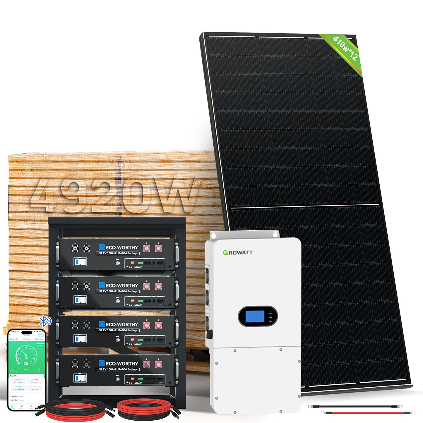 ECO-WORTHY Home Hybrid Solar Power System: 10KW GROWATT 120V/240V Output+ 20.48kWh Lithium Battery (4*48v 100Ah)+ 4920W Solar Panel (12*410W)