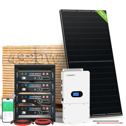 ECO-WORTHY Home Hybrid Solar Power System: 10KW GROWATT 120V/240V Output+ 20.48kWh Lithium Battery (4*48v 100Ah)+ 4920W Solar Panel (12*410W)