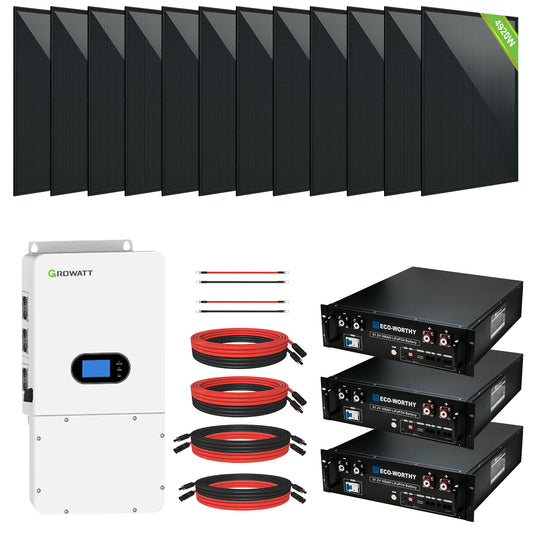 10000W Home Hybrid Solar Power System: 10KW GROWATT 120V/240V Output+ 15.36kWh Lithium Battery (4*100Ah)+ 4920W Solar Panel (12*410W)