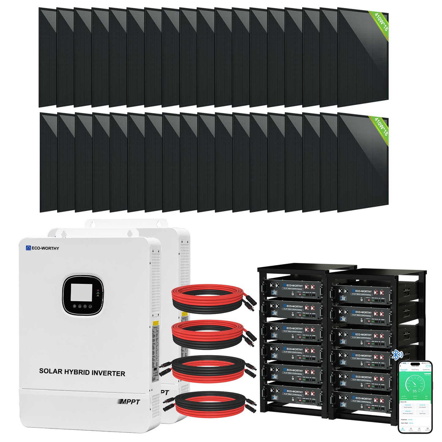 ECO-WORTHY Complete Off-Grid Solar Power System - 10000W 120/240V Output | 20.48kWh/61.44kWh Lithium Battery | 4920 Watts/14760Watts PV Input