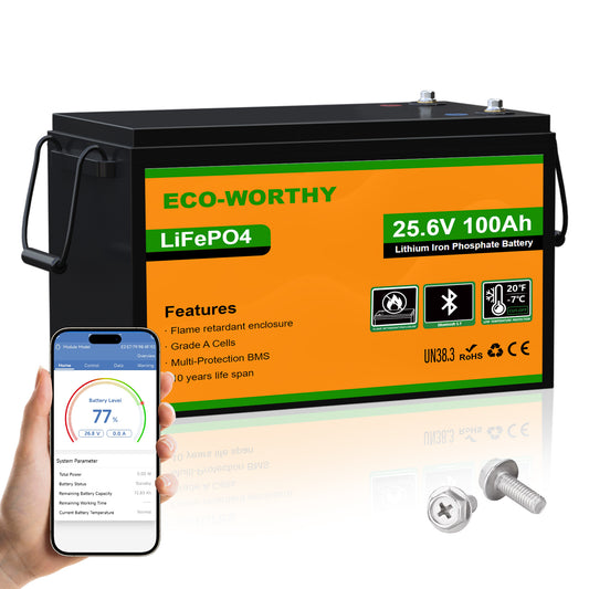 ECO-WORTHY 24V 100Ah LiFePO4 Lithium Battery, Upgraded Bluetooth Version, Deep Cycle Rechargeable Battery with Low-Temp Protection