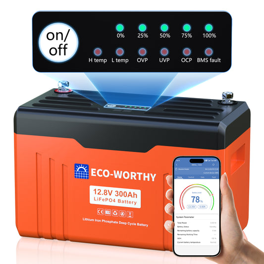ECO-WORTHY 12V 300AH Lifepo4 Lithium Battery Bluetooth with SOC LEDs and Low Temp Protection