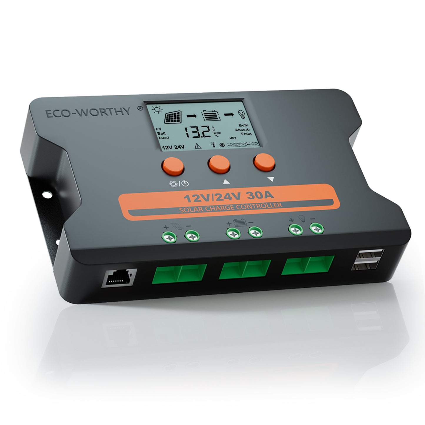 ECO-WORTHY Solar Charge Controller 30A Solar Panel Custom Battery Regulator, Dual USB Port Auto 12V/24V PWM for FLD/LiFePO4/SLD/GEL RV Solar System