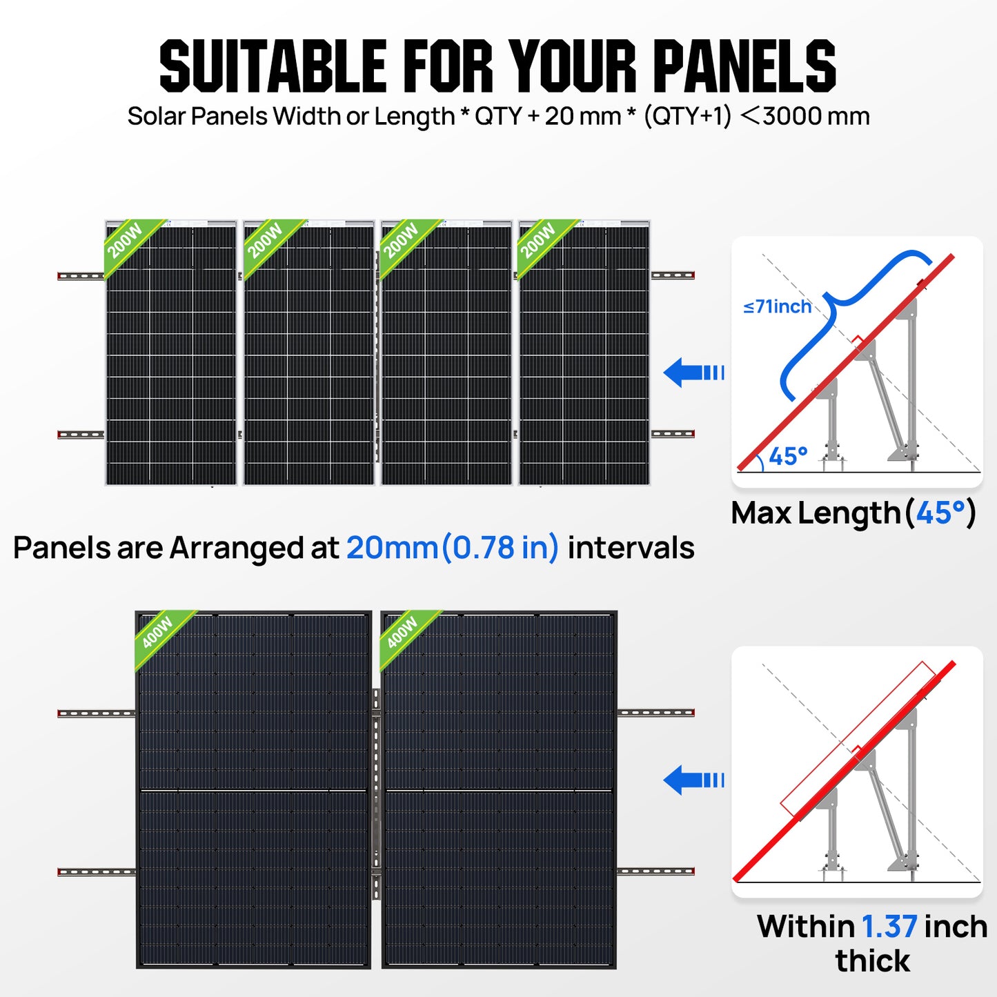 Upgraded Adjustable Multi-Piece Solar Panel Mounting Brackets for 1-4 Pieces of 200W 300W 400W Solar Panels