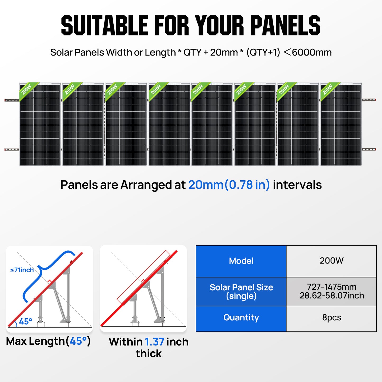 Updated Adjustable Multi-Piece Solar Panel Mounting Brackets for 5-8 Pieces of Solar Panels