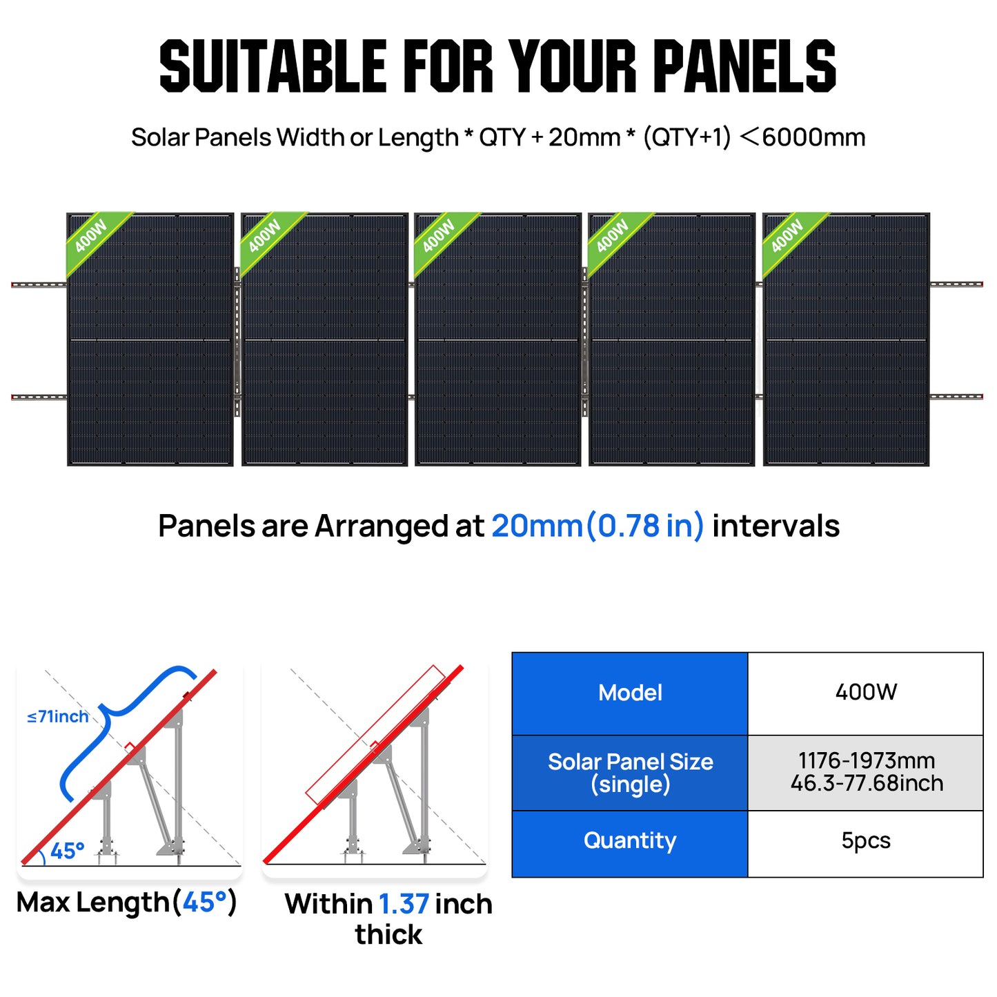 Updated Adjustable Multi-Piece Solar Panel Mounting Brackets for 5-8 Pieces of Solar Panels