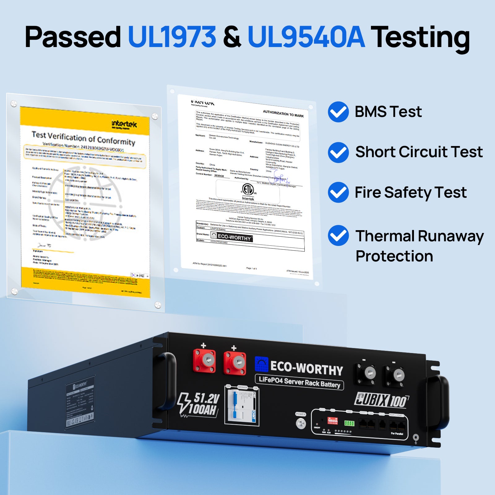 Eco-Worthy Cubix100 48V 100Ah Server Rack Battery | Bluetooth & WiFi | 10 Years Warranty | UL9540 | UL1973 | UL9540A | CEC Listed