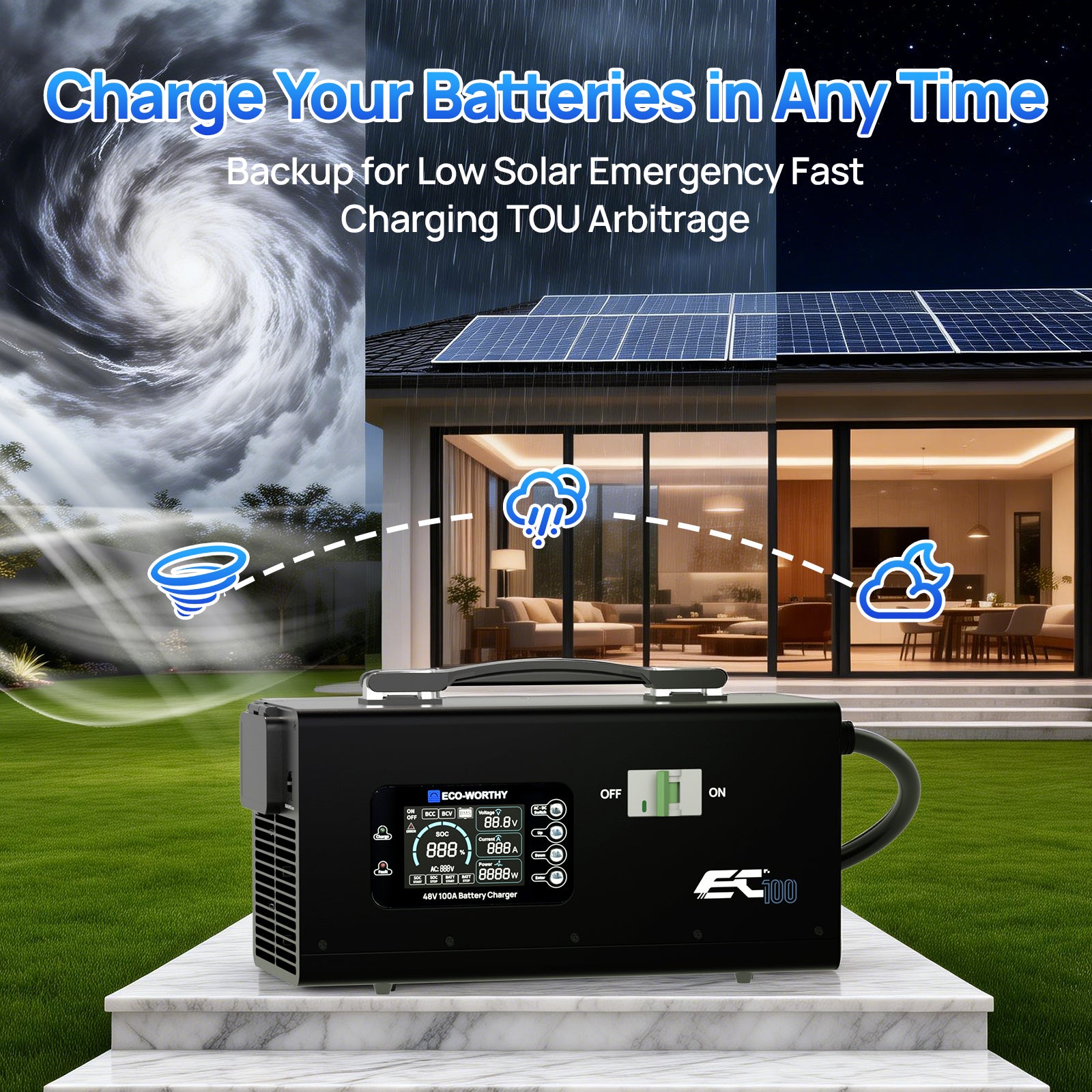EC100 48V 100A Battery Charger | 5.78KW Max Output | Soft Start |120V 240V AC Input