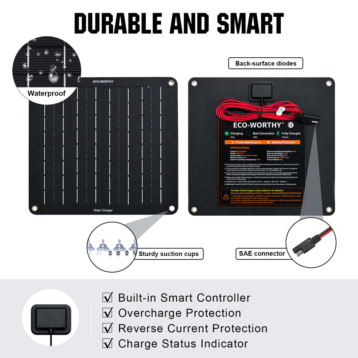 ECO-WORTHY 10W 12V Solar Battery Charger Trickle Maintainer Kit for Car