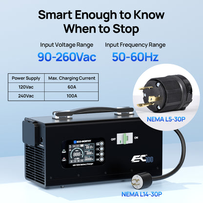 EC100 48V 100A Battery Charger | 5.78KW Max Output | Soft Start |120V 240V AC Input