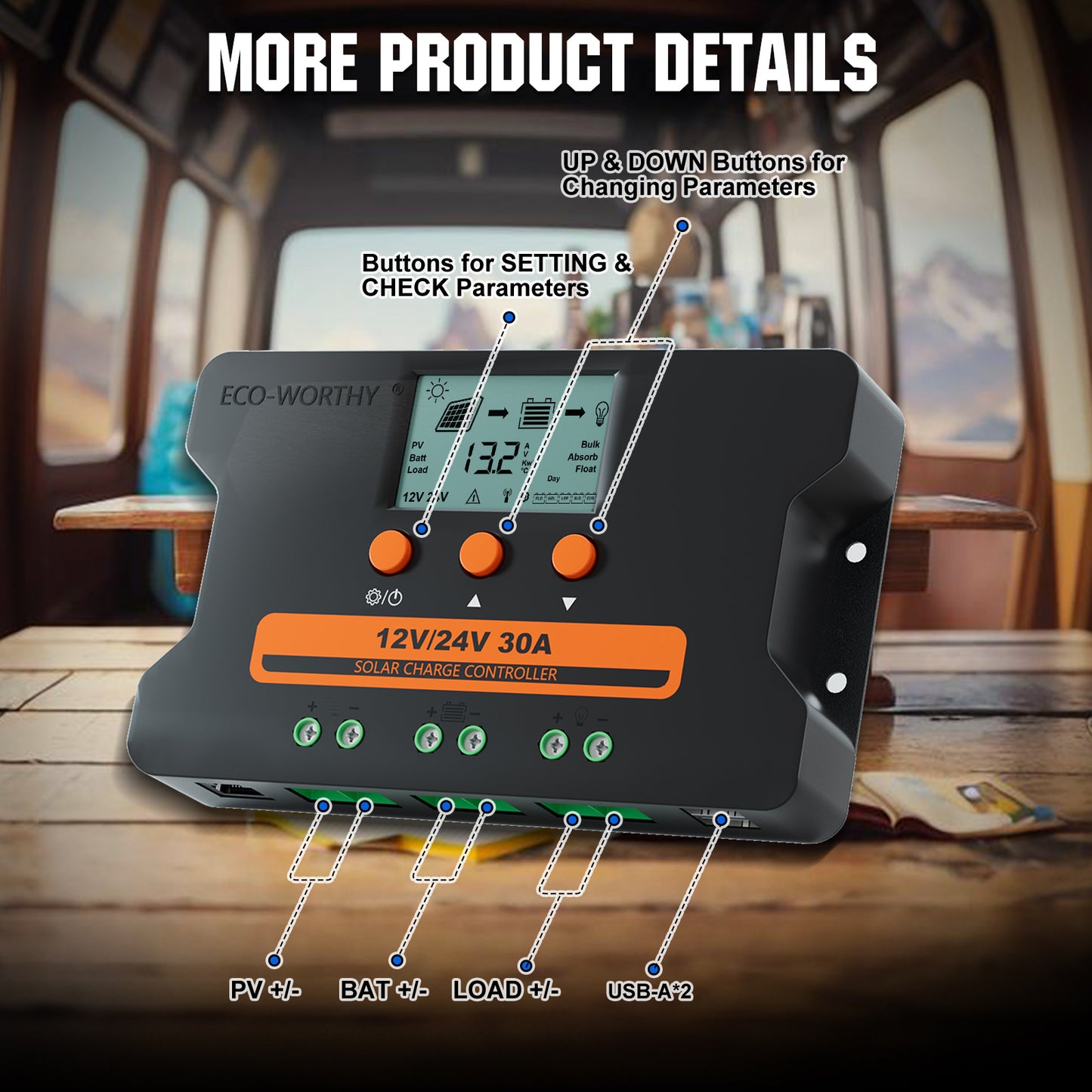 ECO-WORTHY Solar Charge Controller 30A Solar Panel Custom Battery Regulator, Dual USB Port Auto 12V/24V PWM for FLD/LiFePO4/SLD/GEL RV Solar System