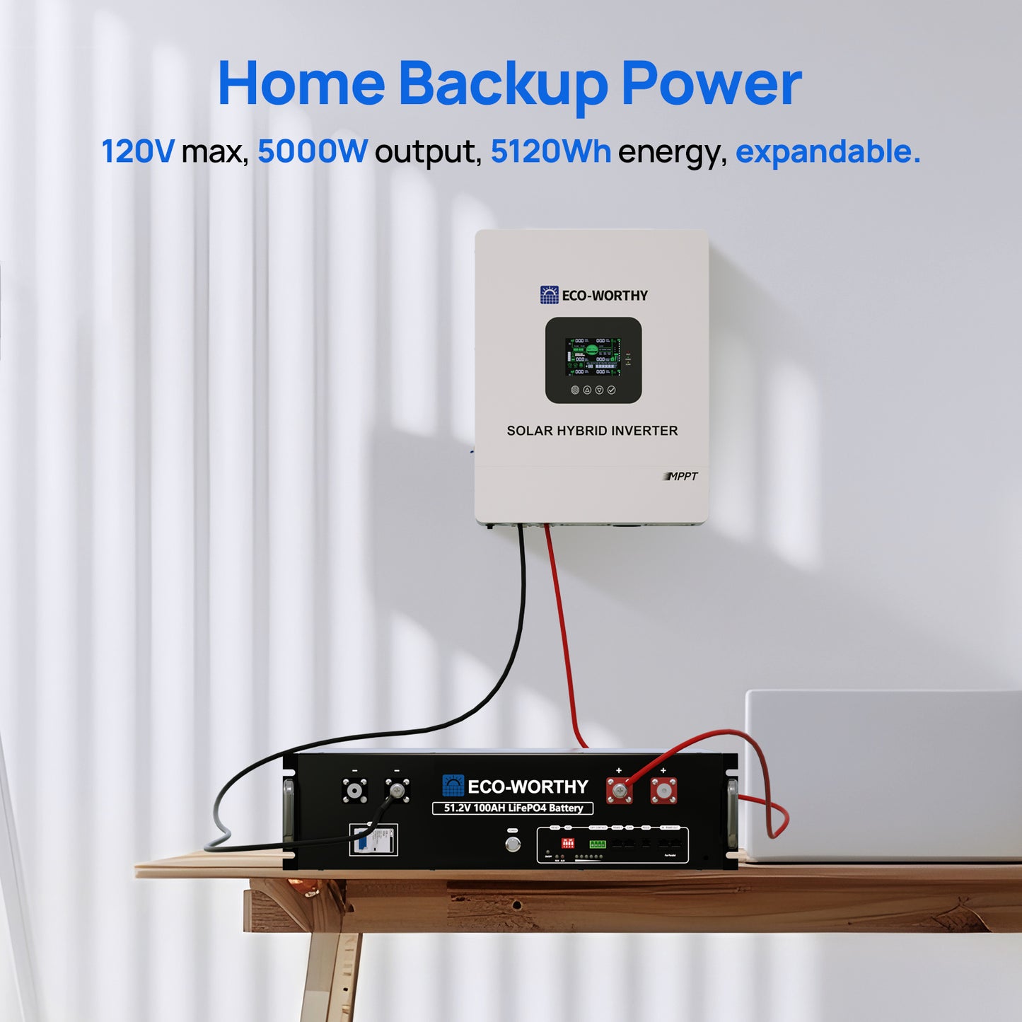 ECO-WORTHY 5.12KWh/30.72KWh Home Backup Power 48V 100Ah LiFePO4+5000W/10000W 48V Hybrid Inverter