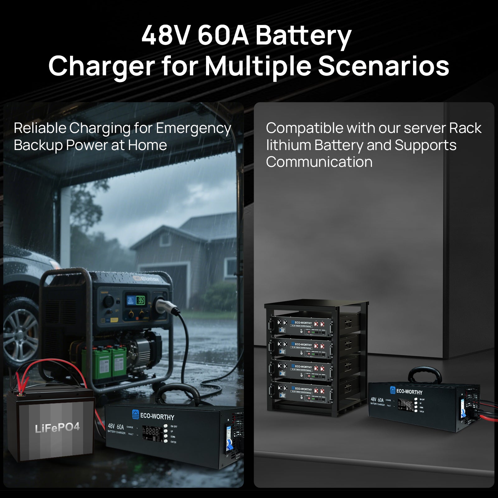 ECO-WORTHY 48V 60A Charger |      48V60ABattery Charger for Multiple Scenarios
