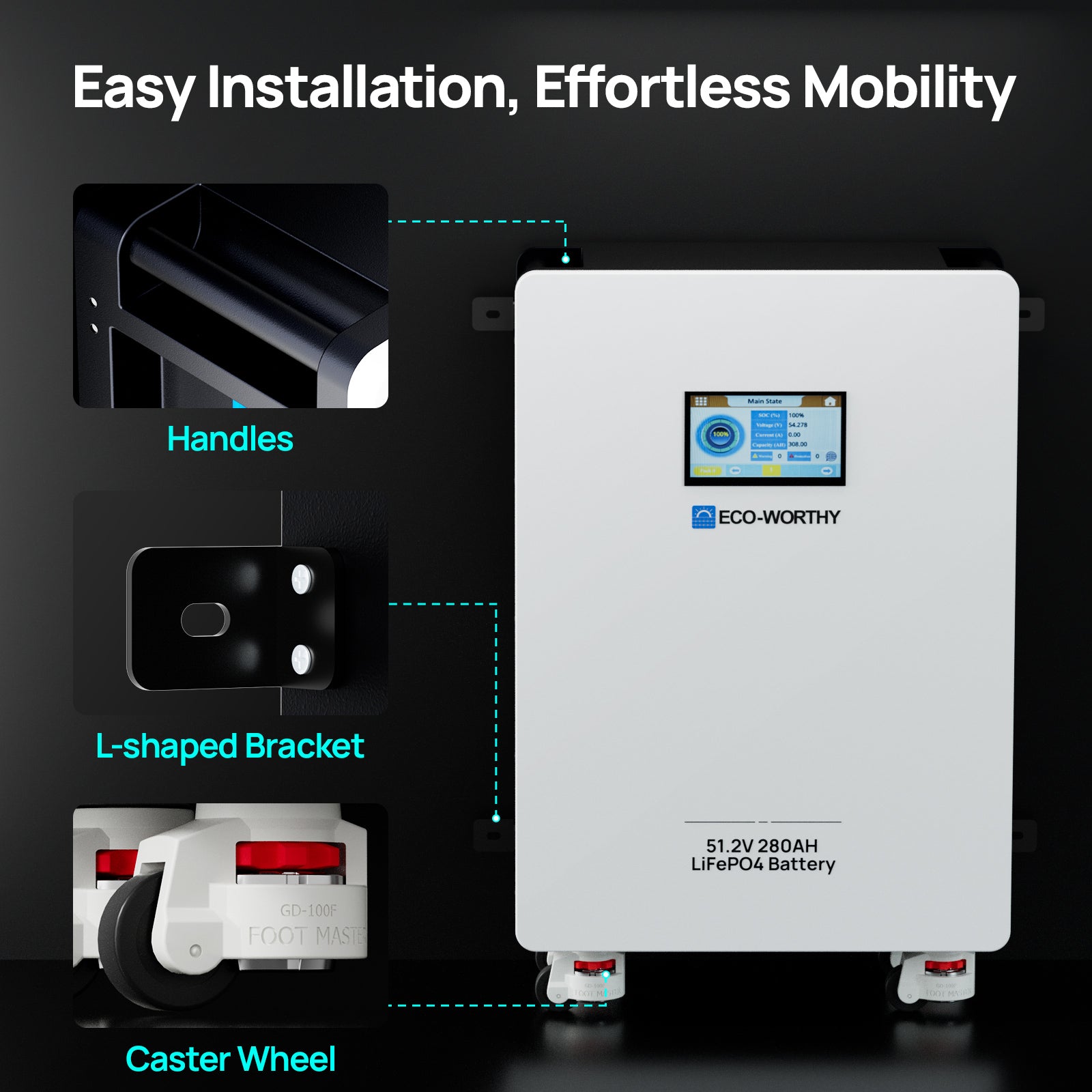 ECO-WORTHY 48V 280AH Wall Mount Battery 14.3kwh LiFePO4 | Easy Installation,Effortless Mobility