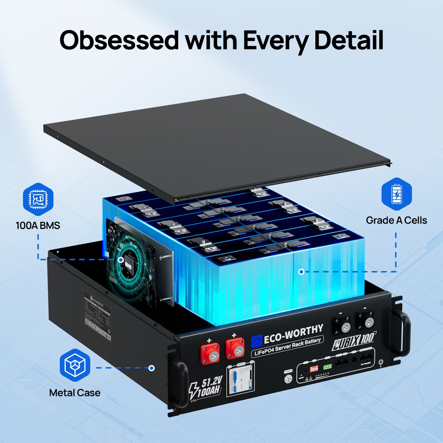 Eco-Worthy Cubix100 48V 100Ah Server Rack Battery | Bluetooth & WiFi | 10 Years Warranty | UL9540 | UL1973 | UL9540A | CEC Listed
