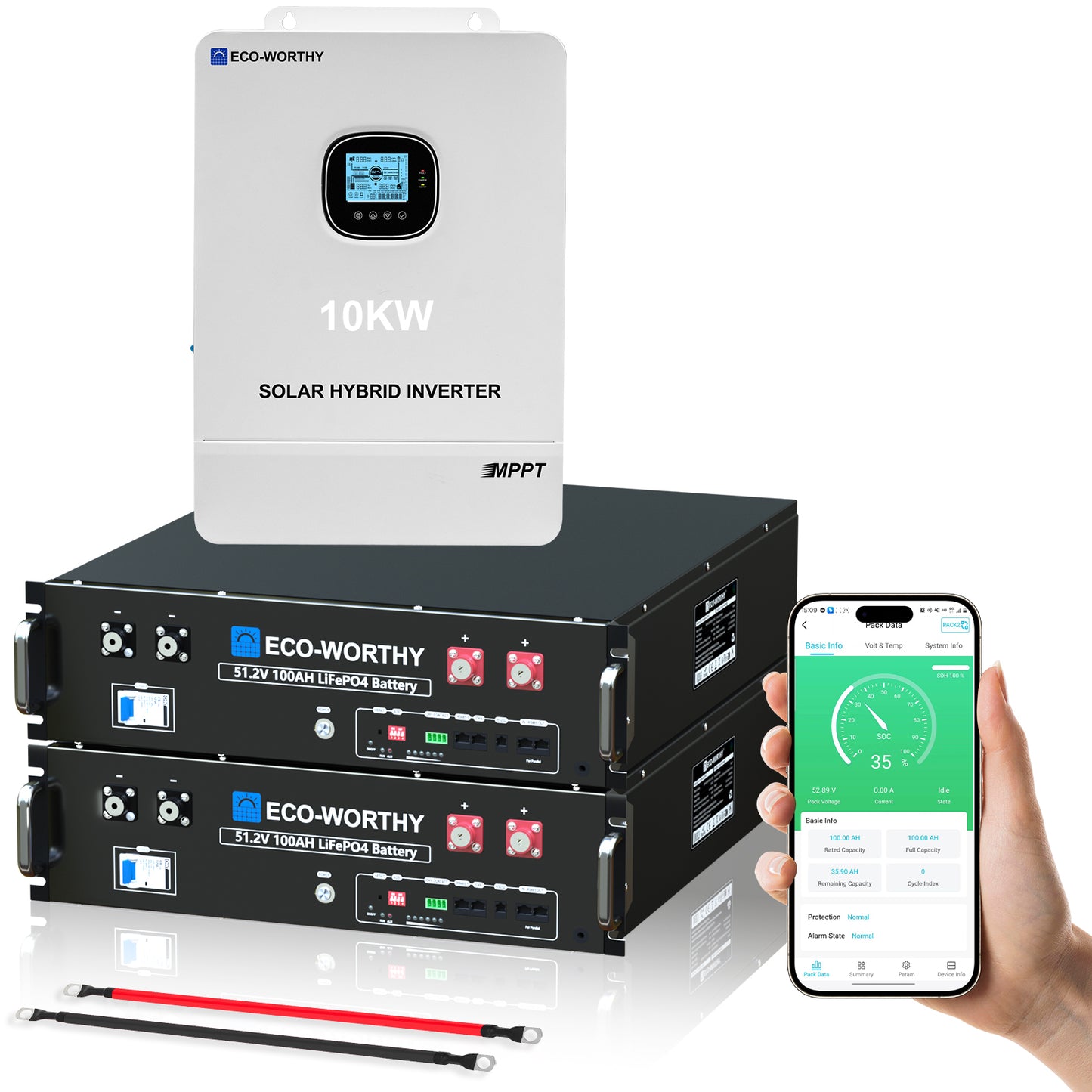 ECO-WORTHY 5.12KWh/30.72KWh Home Backup Power 48V 100Ah LiFePO4+5000W/10000W 48V Hybrid Inverter