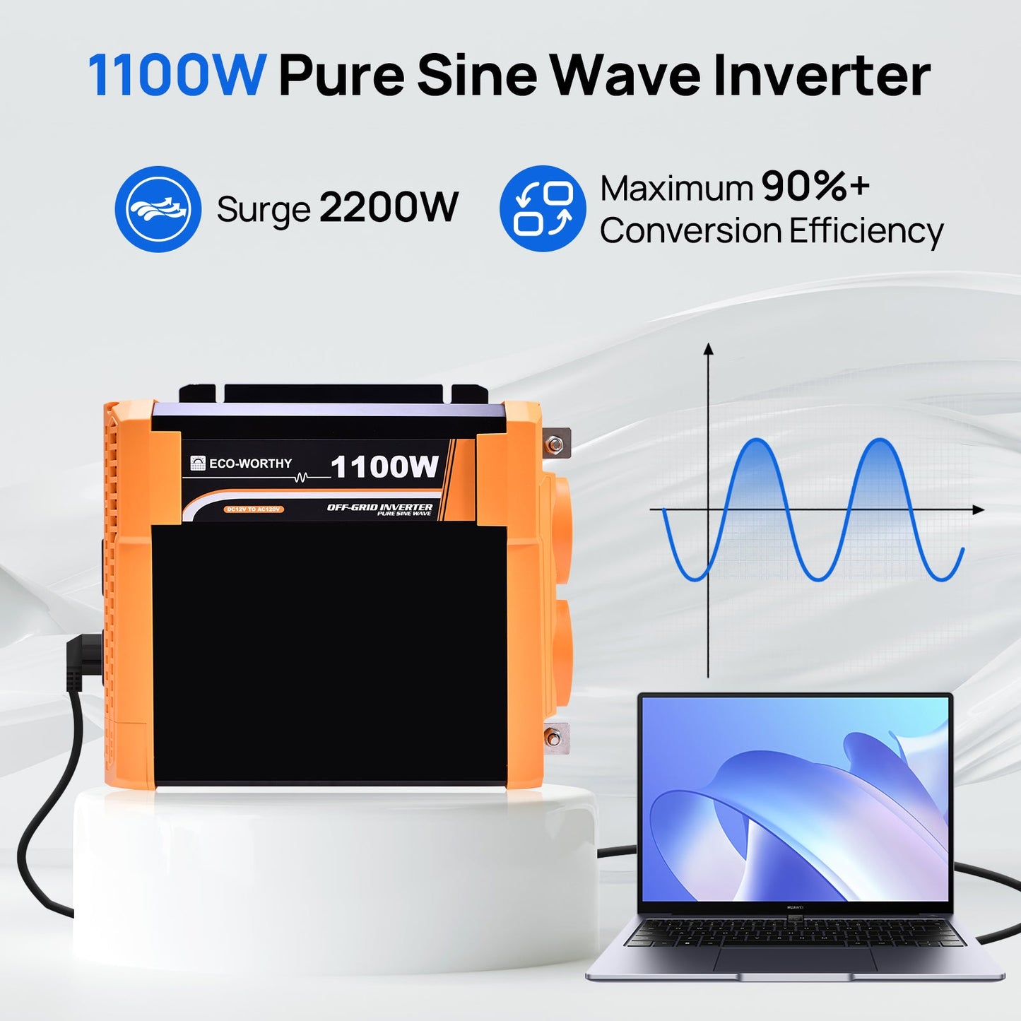 1100W Off Grid Pure Sine Wave Inverter 12V to 110V - INVERTER - ECO - WORTHY