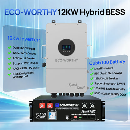 ECO-WORTHY 12kW 30kWh Hybrid Home Backup Power Storage System with 48V 100ah Battery and 12kW Hybrid Inverter