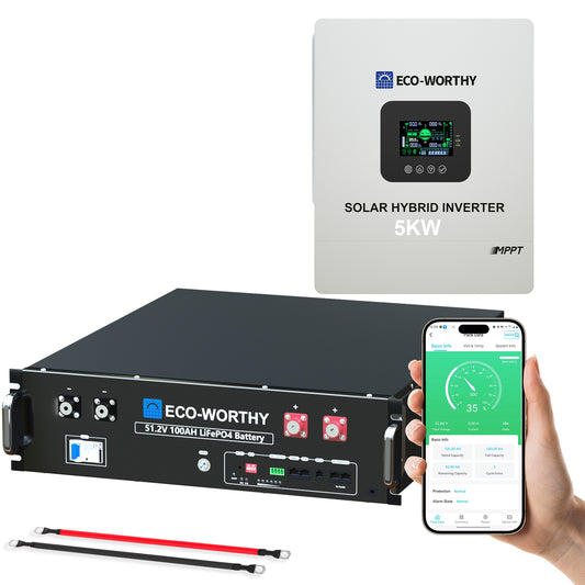 ECO-WORTHY 5.12KWh/30.72KWh Home Backup Power 48V 100Ah LiFePO4+5000W/10000W 48V Hybrid Inverter