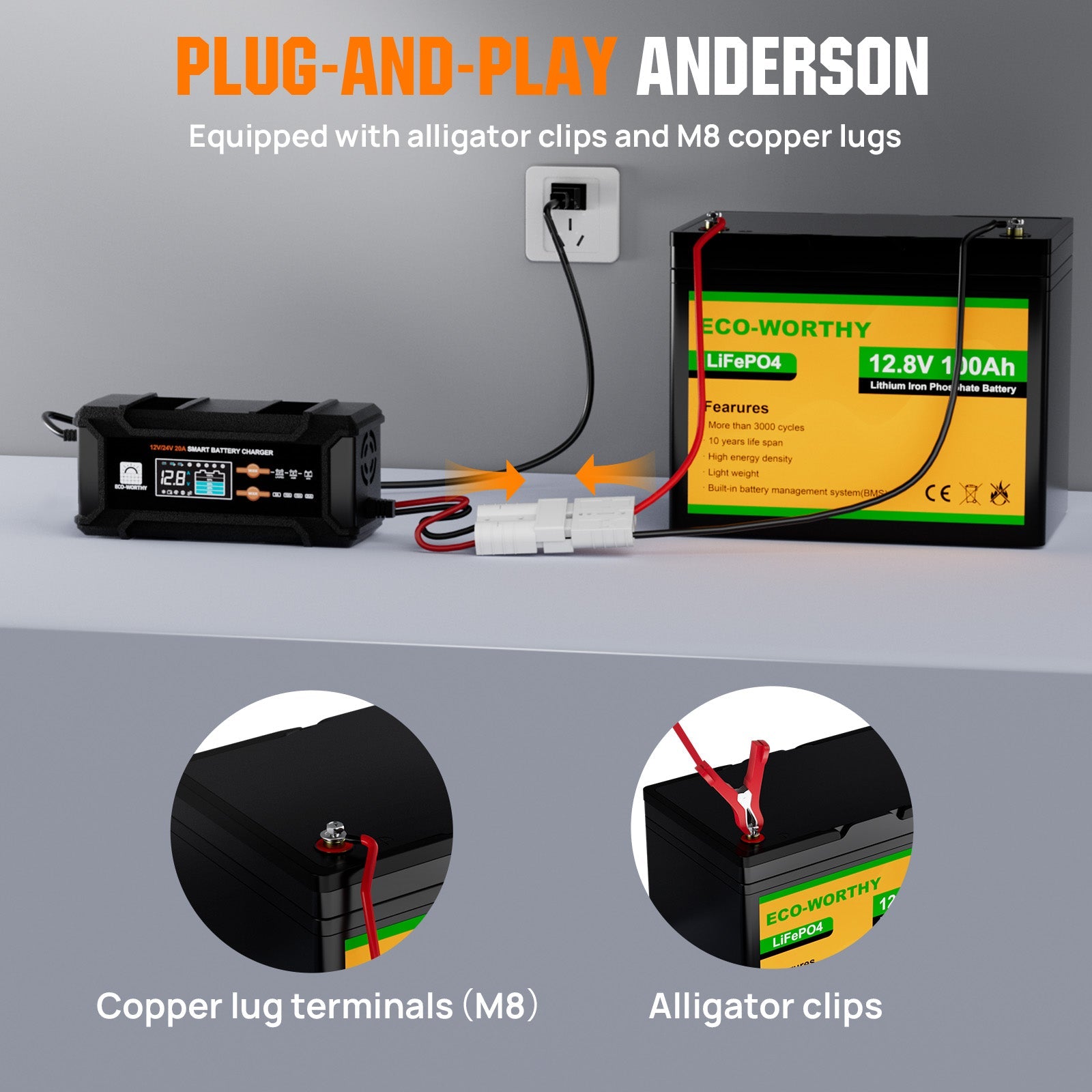 20A 12V/24V Smart Battery Charger with LCD Display for Most Batteries - battery accessories - ECO - WORTHY