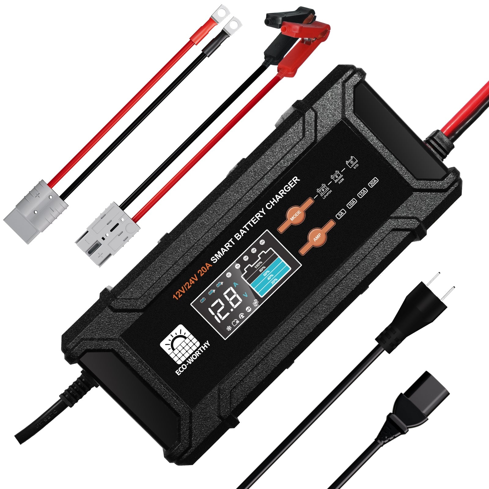 12V 24V Smart Battery Charger LCD Display Most Batteries