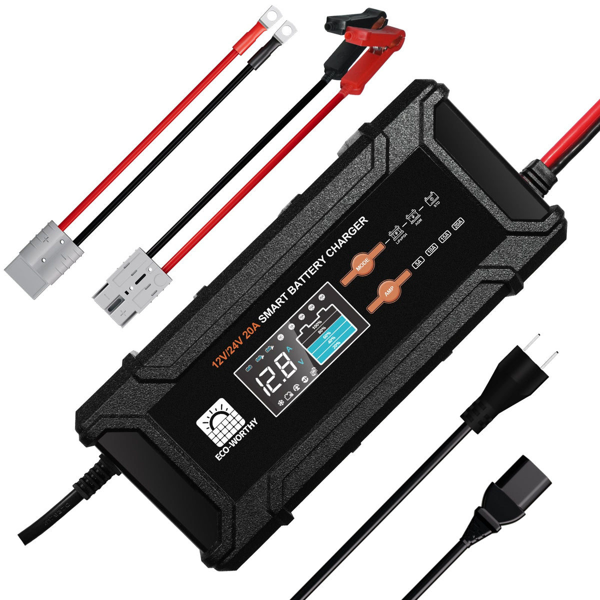 20A 12V/24V Smart Battery Charger with LCD Display for Most Batteries - battery accessories - ECO - WORTHY