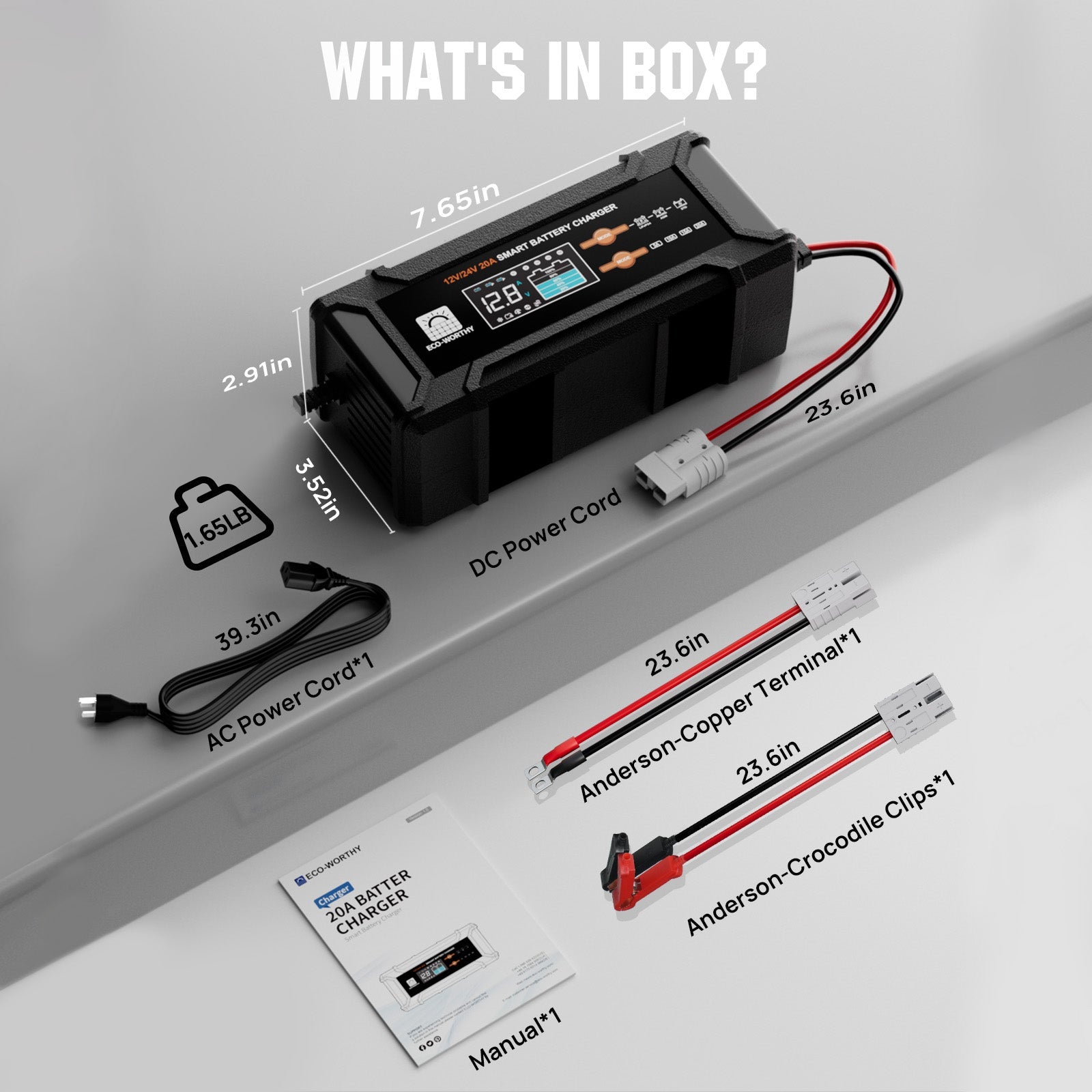 20A 12V/24V Smart Battery Charger with LCD Display for Most Batteries - battery accessories - ECO - WORTHY