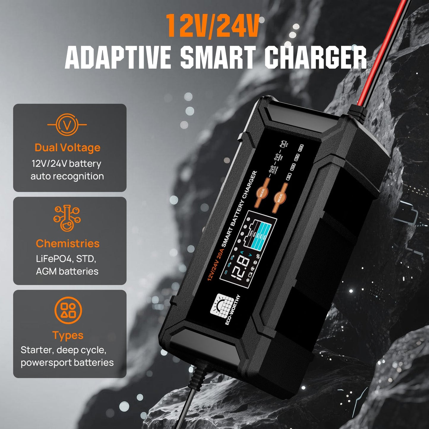 20A 12V/24V Smart Battery Charger with LCD Display for Most Batteries - battery accessories - ECO - WORTHY