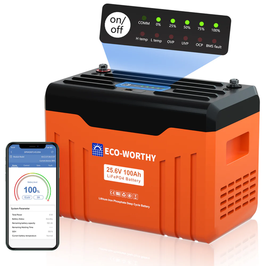 ECO-WORTHY 24V 100AH Bluetooth Lithium Battery with SOC LED Display, Built-in BMS with Low Temperature Protection