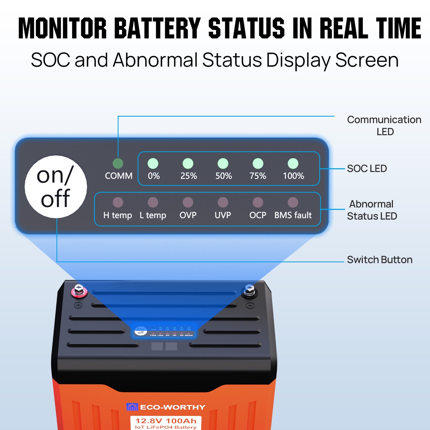 ECO-WORTHY 12V 100AH LiFePO4 Lithium Battery with Battery Status Display, 100A BMS with Low-Temp Protection