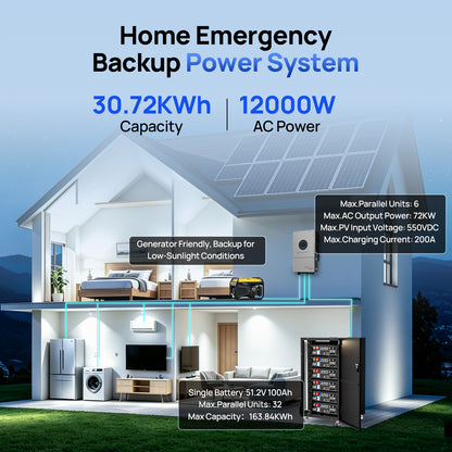 ECO-WORTHY 12kW 30kWh Hybrid Home Backup Power Storage System with 48V 100ah Battery and 12kW Hybrid Inverter