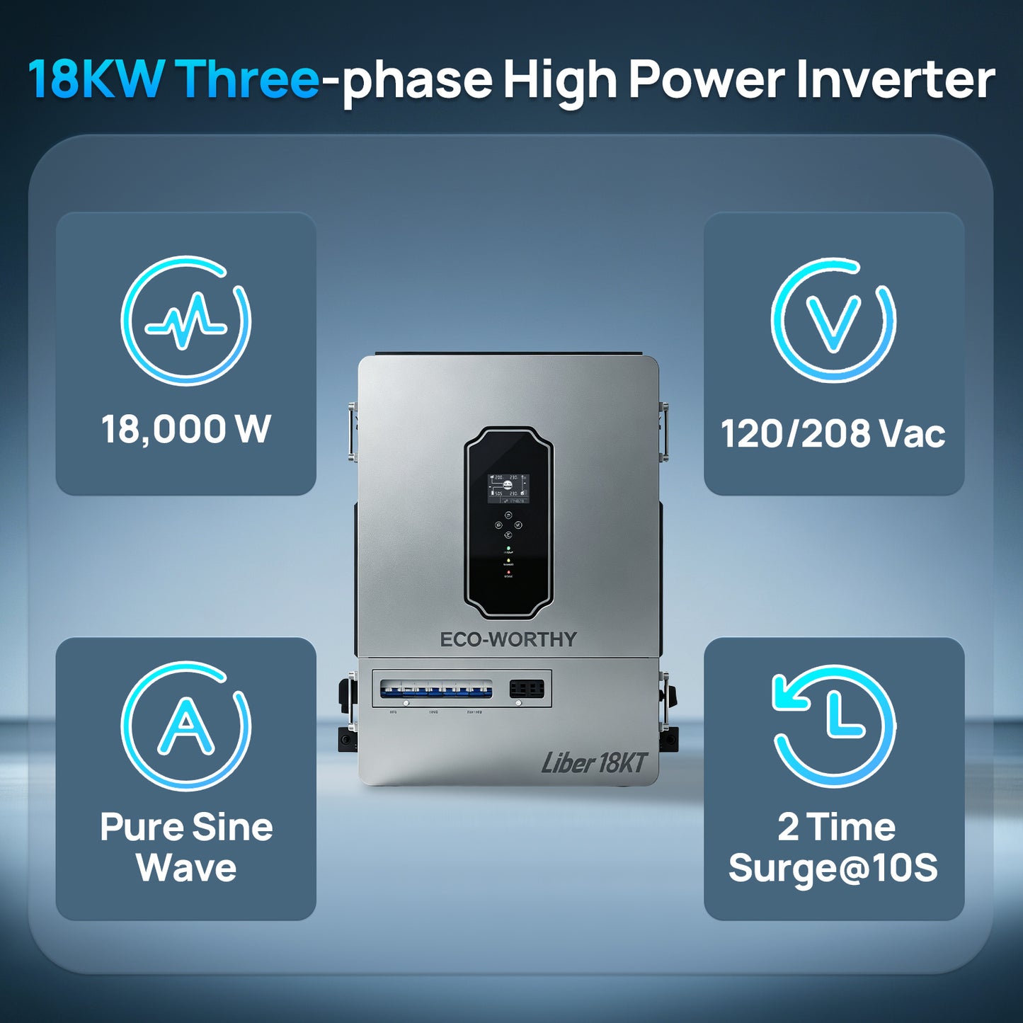 ECO-WORTHY Liber 18KT Off-grid Three-phase Inverter | 18KW 120/208Y Vac Output | 28.8KW PV Input | 360A Charge/Discharge Current